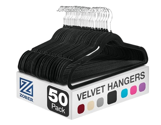 Boxed set of 50 slim black velvet hangers with silver swivel hooks, designed to prevent slipping and save closet space.