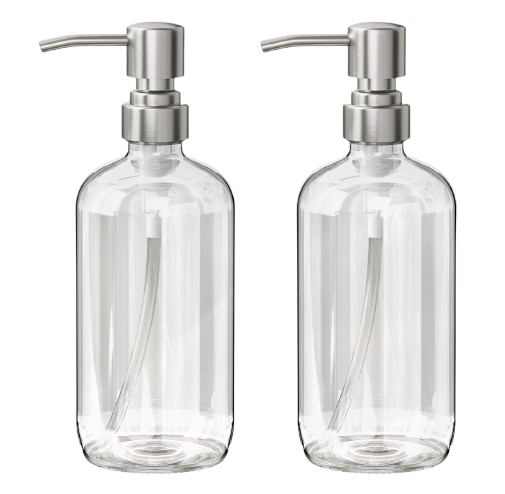 Set of two clear glass refillable soap dispensers with brushed stainless steel pump tops, minimalist design for kitchen or bathroom countertops.