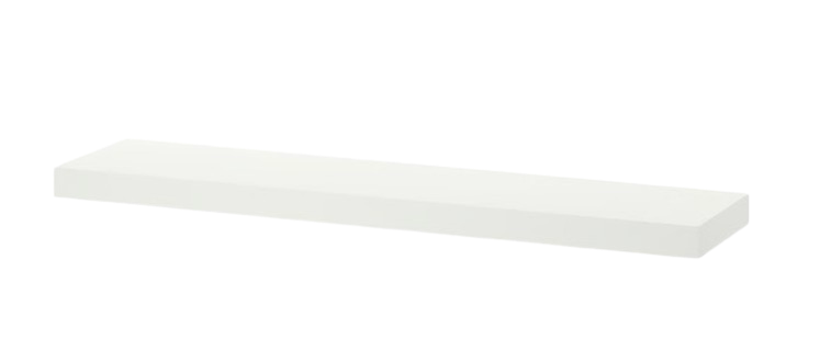 IKEA Lack floating wall shelf in matte white finish, slim rectangular design ideal for displaying decor, toiletries, or folded towels.