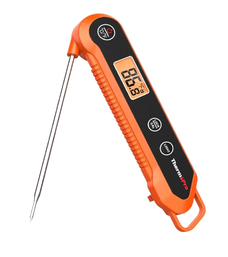ThermoPro digital instant-read meat thermometer with bright orange handle, fold-out stainless steel probe, and backlit LCD screen displaying internal temperature reading.