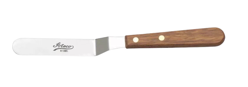 Ateco stainless steel offset spatula with wooden handle and angled blade, ideal for frosting cakes, smoothing batter, and lifting delicate baked goods.