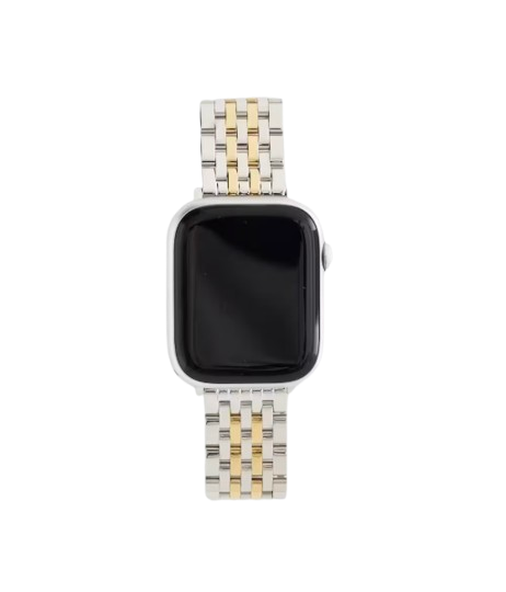 Two-tone stainless steel bracelet smartwatch band with silver and gold links, designed to elevate a square-face smartwatch with a polished, jewelry-inspired finish.