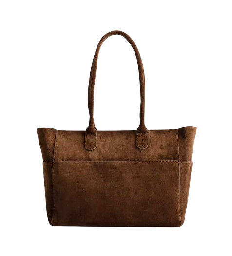 Large Italian suede shopper tote in rich brown with long shoulder straps and structured silhouette, roomy enough for work, travel, or everyday essentials.