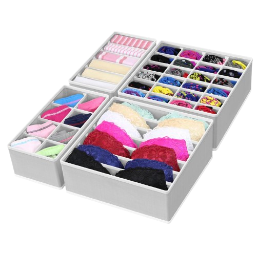 White fabric drawer organizer bins with multiple compartments holding folded bras, underwear, and colorful socks neatly separated for easy visibility.