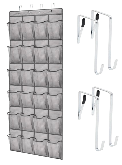 Gray over-the-door hanging organizer with 24 breathable mesh pockets and four metal hooks, designed to store shoes, accessories, or small items.