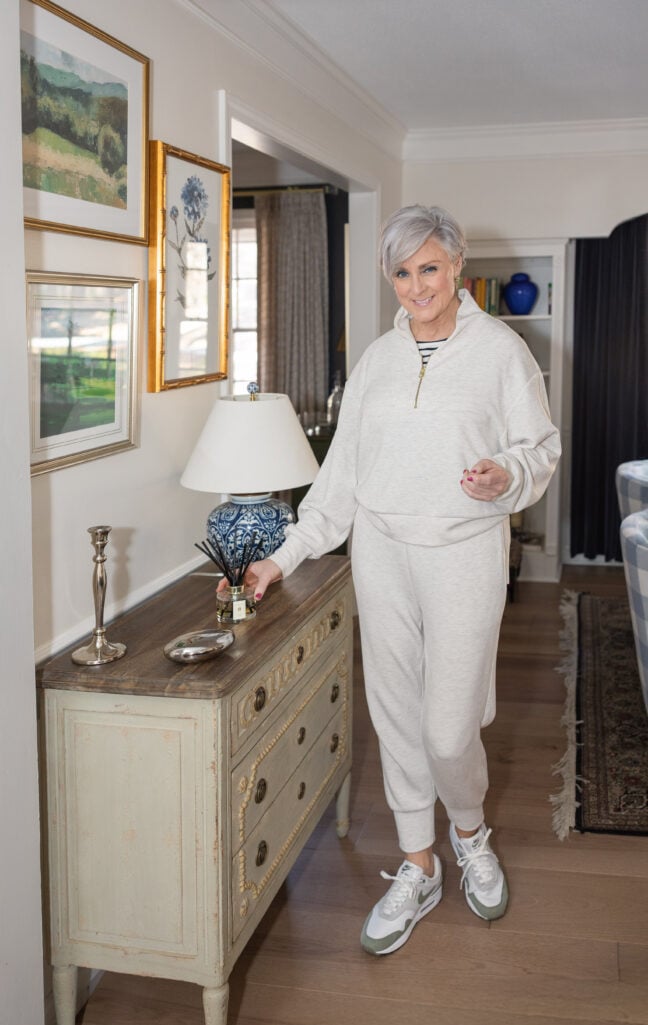 casual athleisure outfit women over 50 — Varley Ivory Marl half-zip matching set