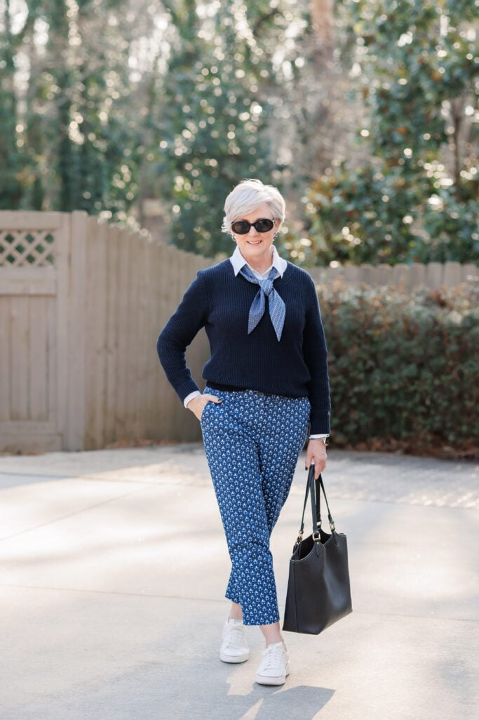 bold pattern outfits for women over 50 — navy print styled casually