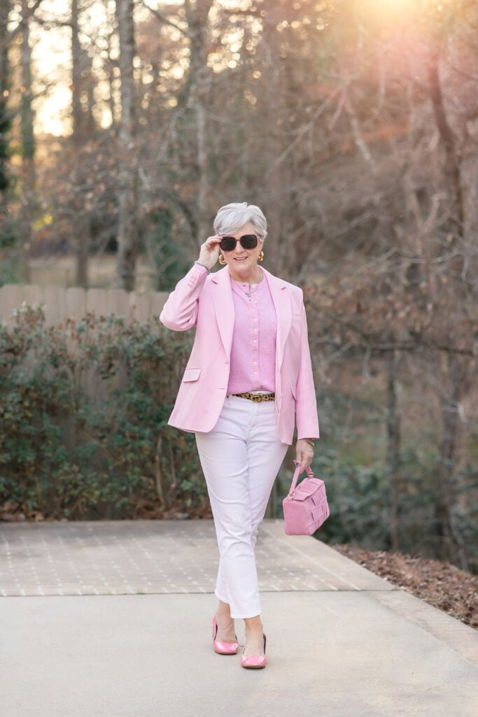  chic spring outfits tonal dressing women over 50 pink blazer white denim