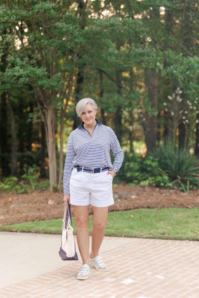 spring athleisure outfit women over 50 — Frank and Eileen stripe pullover with white shorts