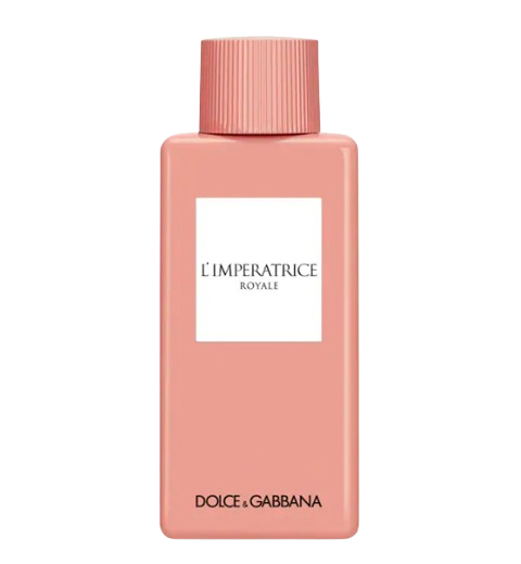 Dolce & Gabbana L’Imperatrice Royale Eau de Toilette in a coral-pink rectangular bottle with ribbed cap and minimalist white label.
