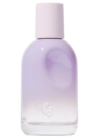 Glossier You Fleur Eau de Parfum in a soft lavender ombré glass bottle with a matte pale pink cap, minimalist design on white background.
