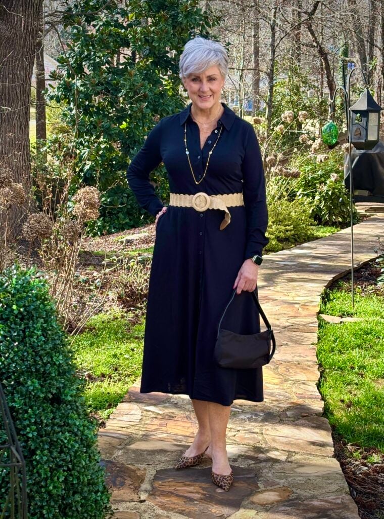 Black shirtdress + raffia belt + leopard pointed flats + black crossbody + gold station necklace