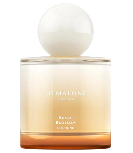 Jo Malone London Beach Blossom Cologne in a rounded glass bottle with a spherical ivory cap and warm golden gradient fragrance.