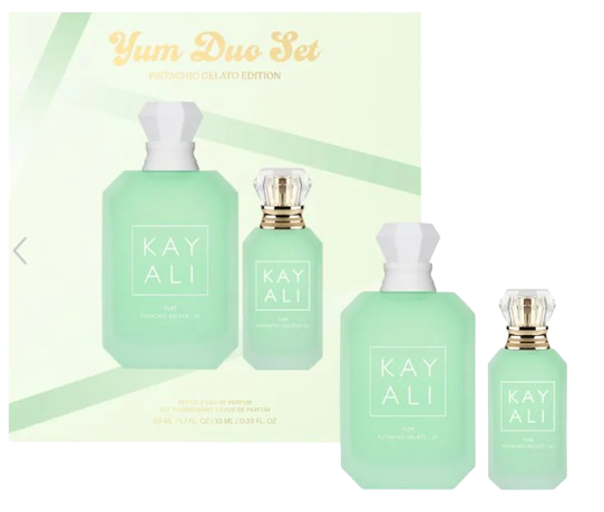 KAYALI Yum Pistachio Gelato 33 EDP Intense Perfume Duo Set featuring two mint-green faceted bottles with crystal-style caps in matching gift box.
