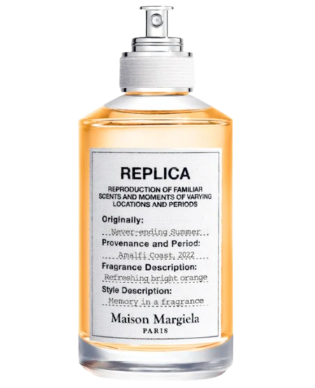Maison Margiela REPLICA Never-ending Summer Eau de Toilette in clear cylindrical bottle with silver sprayer and white label, amber citrus-toned fragrance.