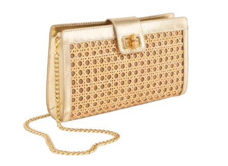 Woven rattan-style clutch with metallic gold leather trim, structured frame closure, and detachable gold chain strap.