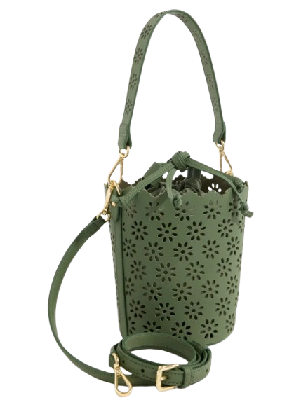 Green perforated leather bucket bag with floral cutout detailing, adjustable shoulder strap, and gold hardware.