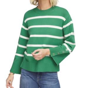 Chico’s Striped Button Sleeve Crewneck Pullover Sweater