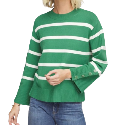 Green and white striped crewneck sweater with ribbed hem and decorative gold buttons along the sleeve cuffs.