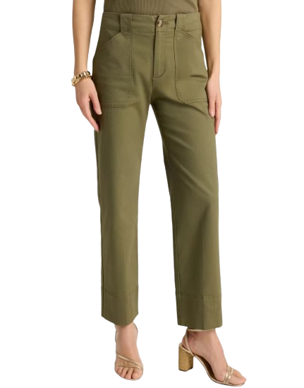 Olive green straight-leg cropped pants with front patch pockets and a clean, tailored silhouette.