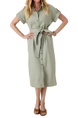 Light sage green midi shirtdress with dolman sleeves, button-front closure, and matching self-tie belt at the waist.