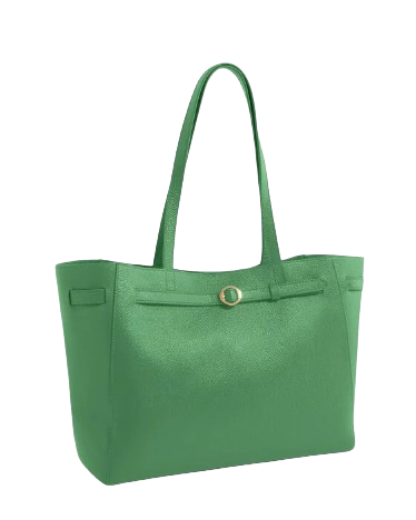 Bright green pebble leather tote bag with slim shoulder straps and front belt detail featuring gold hardware.