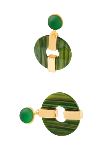 Green marbled tortoise drop earrings with circular resin design and polished gold accents.