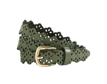 Olive green leather belt with floral perforated cutout detailing and gold buckle.