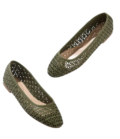 Olive green perforated leather ballet flats with pointed toe and floral cutout pattern.