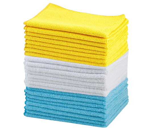 Stack of soft microfiber cleaning cloths in yellow, gray, and teal, designed for dusting, polishing, and streak-free surface cleaning.