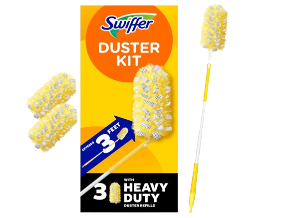 Swiffer Duster kit with extendable handle and fluffy yellow dusting head, shown with heavy-duty refill dusters for trapping dust and allergens.