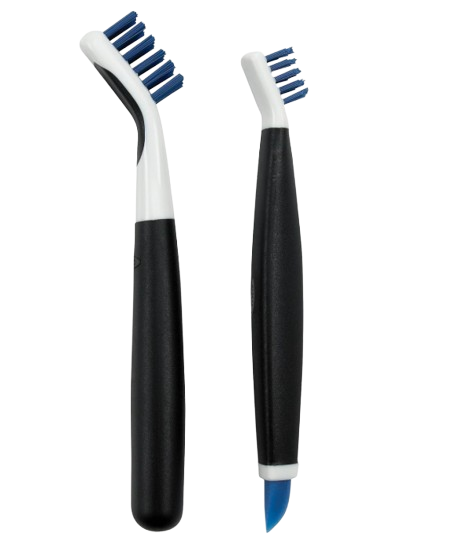 Two-piece cleaning brush set with ergonomic black handles and angled blue bristles, ideal for scrubbing grout lines, corners, and tight spaces.