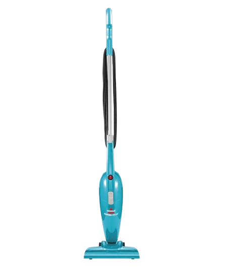 Lightweight teal Bissell Featherweight stick vacuum with slim upright design, suitable for quick cleanups on hard floors and low-pile carpets.