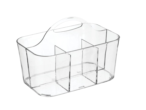 Clear plastic storage caddy with built-in handle and divided compartments for organizing cleaning supplies, sprays, and tools.