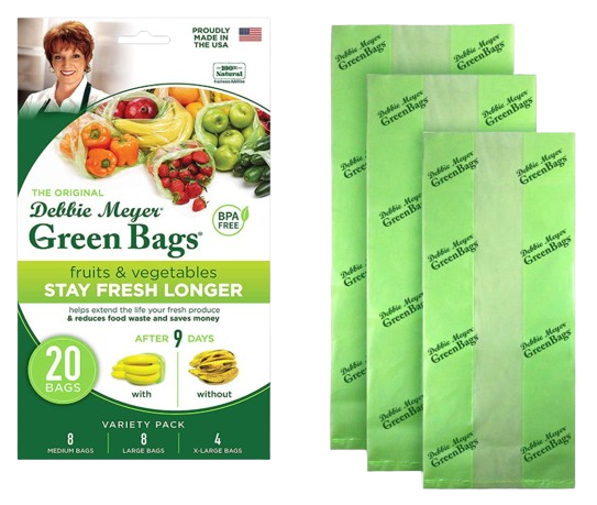 Debbie Meyer GreenBags variety pack box with 20 reusable green produce bags displayed beside the packaging, designed to extend the freshness of fruits and vegetables and reduce food waste.