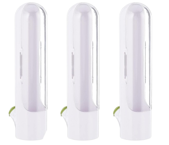 Set of three tall, clear Prepara Herb Savor pods with white bases and hinged lids, designed to store fresh herbs upright with a water reservoir to keep them hydrated longer.