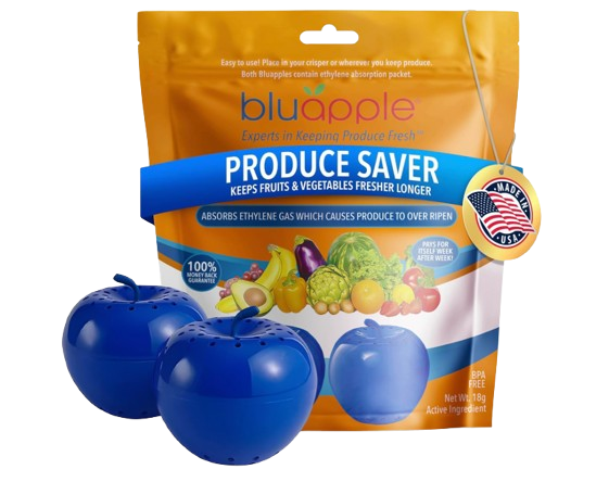 Two blue apple-shaped Bluapple produce freshness balls displayed in front of orange packaging, designed to absorb ethylene gas and extend the life of refrigerated fruits and vegetables.