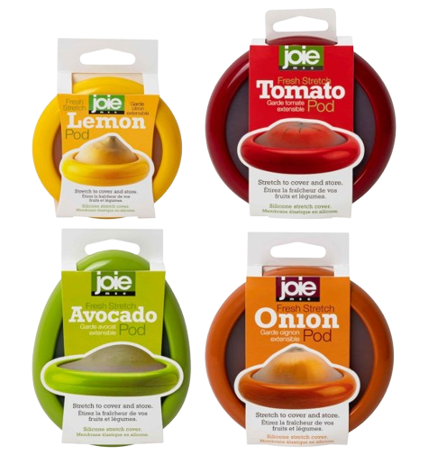 Colorful Joie Fresh Stretch food saver pods including avocado, lemon, tomato, and onion covers, made of flexible silicone to seal cut produce and maintain freshness.