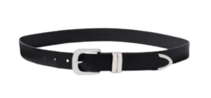 Black leather Evereve Brantley belt featuring silver buckle, keeper loop, and metal tip detail, styled as a classic everyday belt with modern hardware accents.
