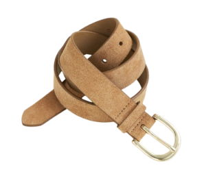 Light brown suede J.Crew classic belt with gold-tone oval buckle, shown coiled to highlight its soft texture and refined finish.