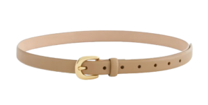 Slim mushroom-beige European leather skinny belt from Quince with a small gold buckle, designed as a minimalist accessory for tailored trousers or dresses.