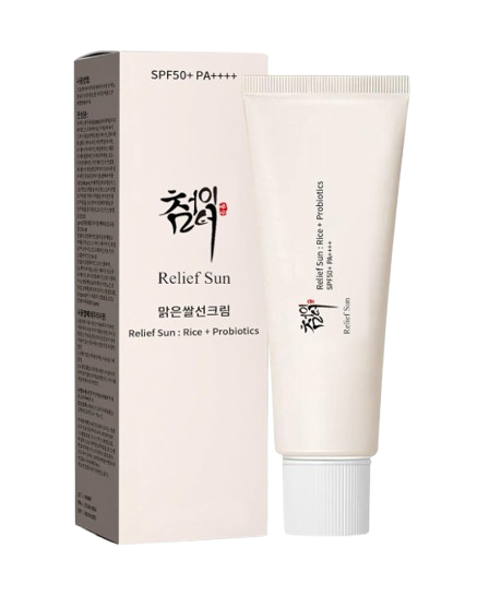 Relief Sun sunscreen by Beauty of Joseon in a soft beige tube and matching box, labeled SPF 50+ PA++++, lightweight Korean sunscreen formulated with rice extract and probiotics.