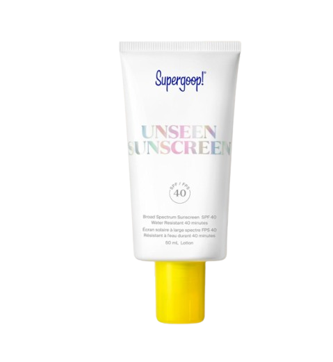 Supergoop! Unseen Sunscreen SPF 40 in a white tube with bright yellow cap, shown with a clear gel-texture swatch behind it, broad spectrum sunscreen with invisible, primer-like finish.