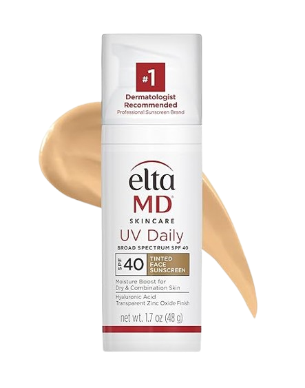 EltaMD UV Daily Tinted Face Sunscreen SPF 40 in white pump bottle with beige tinted swatch behind it, lightweight broad spectrum sunscreen formulated with hyaluronic acid for dry and combination skin.