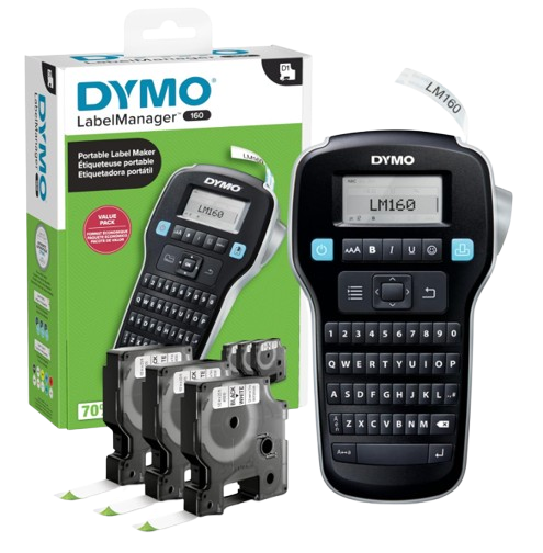 DYMO LabelManager 160 handheld label maker with LCD screen and keyboard, shown with multiple label cartridges and printed labels for organizing household items.