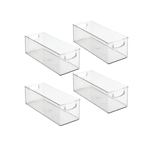 Set of four clear plastic stackable storage bins with built-in handles, designed for organizing pantry shelves, refrigerators, or kitchen cabinets.