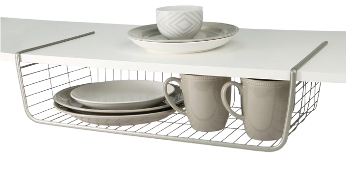 White metal under-cabinet wire basket shelf that slides onto a cabinet shelf to create extra storage space for plates, mugs, or kitchen accessories.