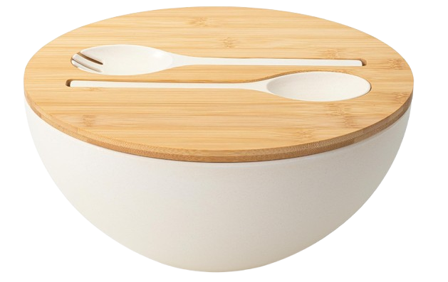 Bamboozle bamboo fiber salad bowl in a soft neutral tone with a round bamboo lid that doubles as a serving board, featuring built-in slots for matching salad servers.