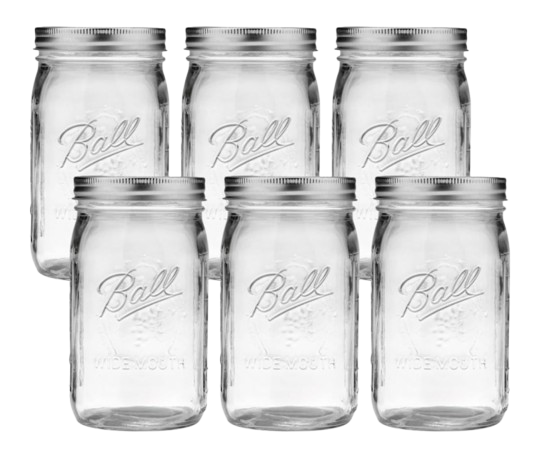 Set of six Ball wide-mouth glass mason jars with metal lids, ideal for storing pantry staples, meal prepping salads, or preserving homemade foods.