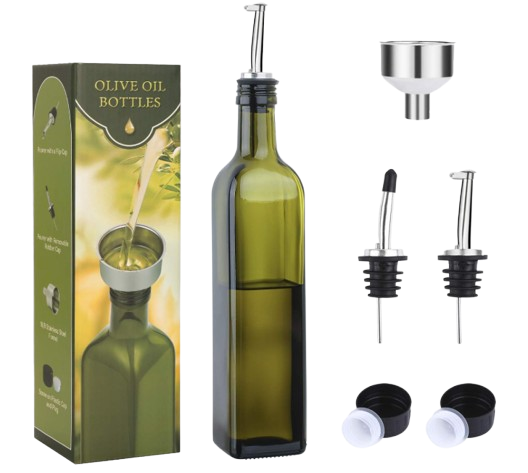Dark green glass olive oil dispenser bottle with stainless steel pour spout and funnel, designed for controlled pouring of olive oil, vinegar, or dressings.